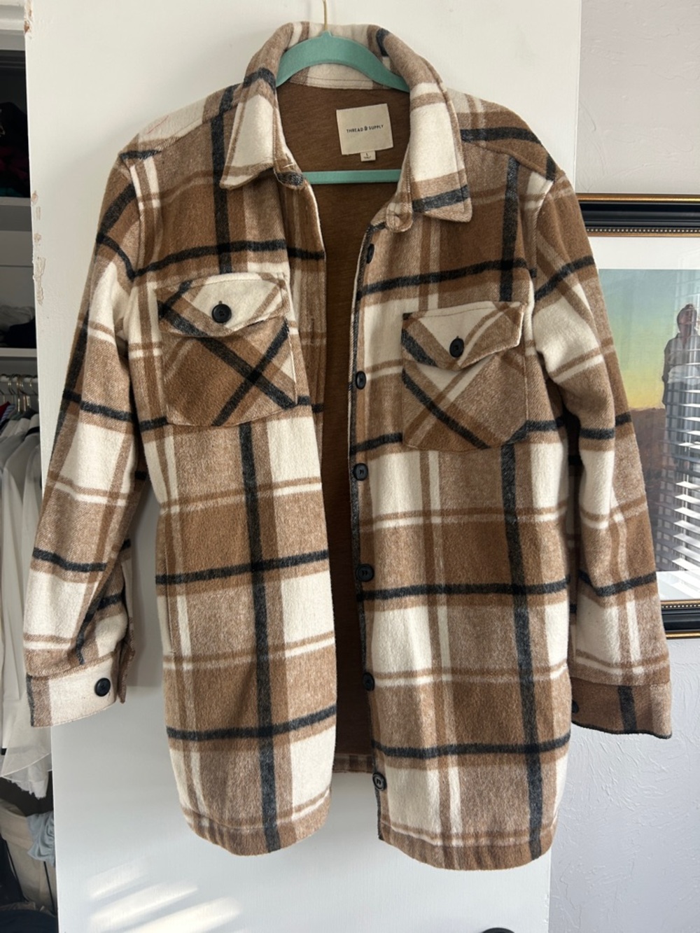 Thread & Supply Plaid Shacket in Brown, Cream, and Black